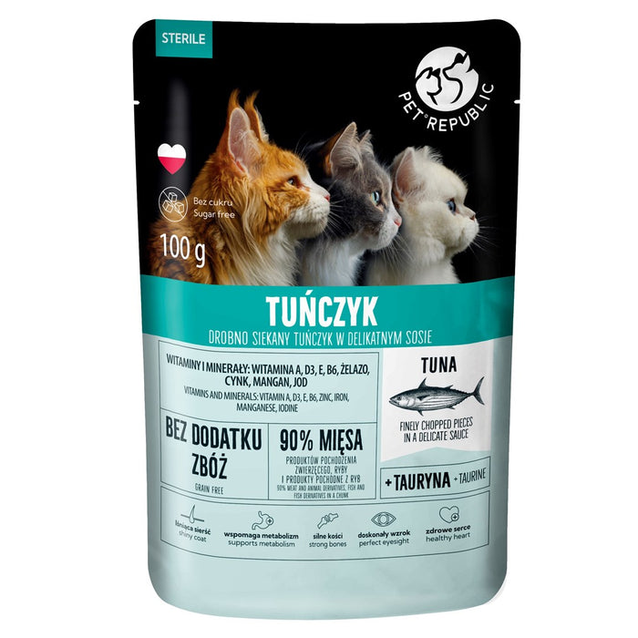 PET REPUBLIC Steril Ситно нарязана риба тон в сос - мокра храна за котки - 100 г