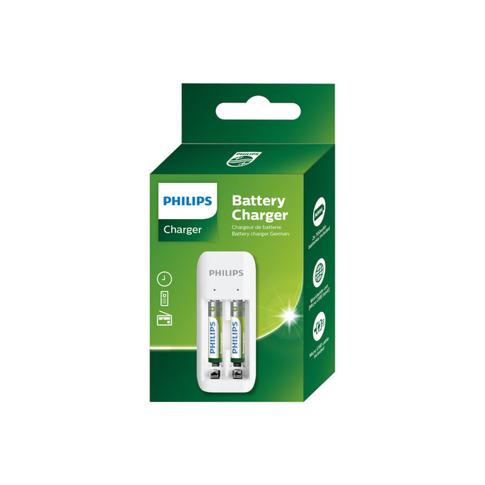 Основно зарядно устройство PHILIPS с 2 слота и 2 x 700mAh AAA RTU батерии Презарежда 1 или 2 броя AA/AAA NiMH акумулаторна батерия