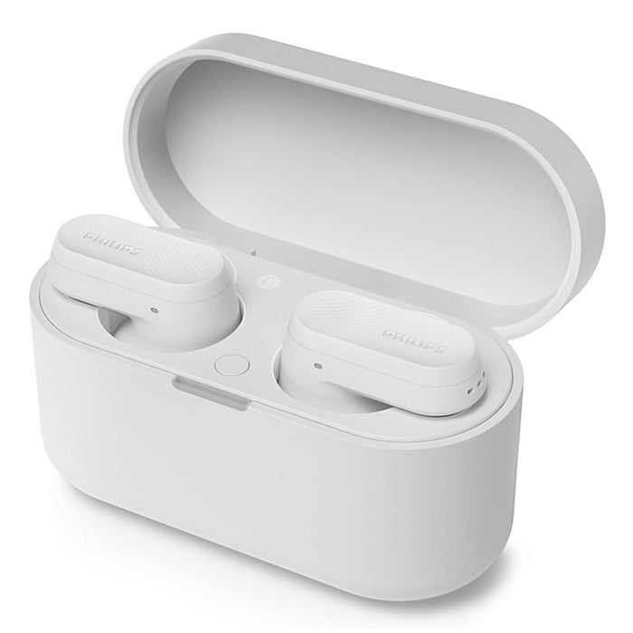 PHILIPS True Wireless Earbuds IPX4 Извършвайте разговори с помощта на една слушалка До 24 часа време за възпроизвеждане бяло