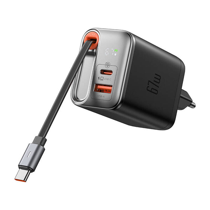 2в1 зарядно с кабел McDodo CH-4100, 67W, GaN, USB-C+A, 65cm, USB-C, черно