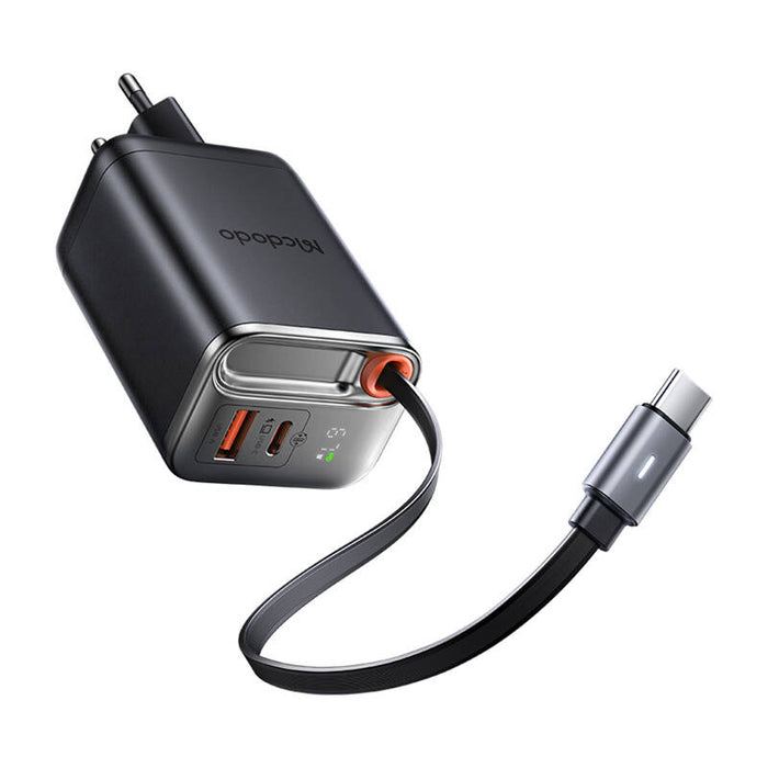 2в1 зарядно с кабел McDodo CH-4100, 67W, GaN, USB-C+A, 65cm, USB-C, черно
