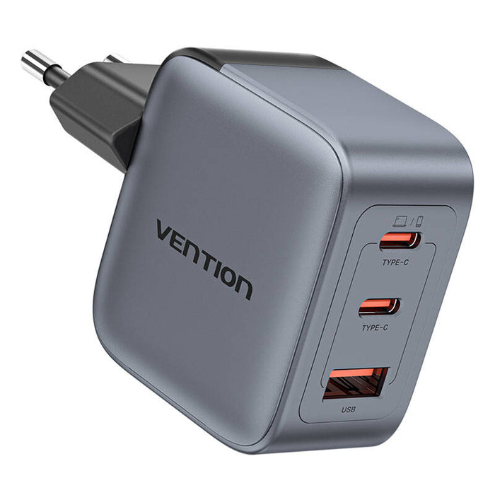 Зарядно Vention, USB-C+C+A, 70W, GaN, сиво