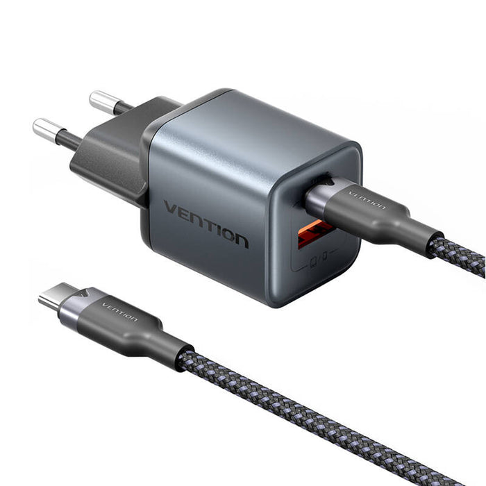 Зарядно с кабел Vention, USB-C+A, 30W, GaN, USB-C-C, 1m, сиво