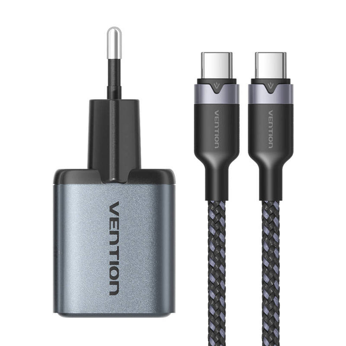 Зарядно с кабел Vention, USB-C+A, 30W, GaN, USB-C-C, 1m, сиво