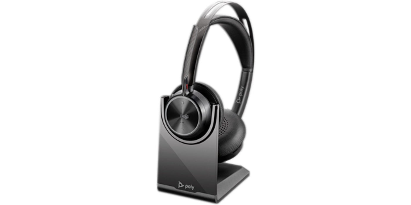 HP Poly Voyager Focus 2-M USB-CC слушалки с USB-C/A адаптер и поставка за зареждане