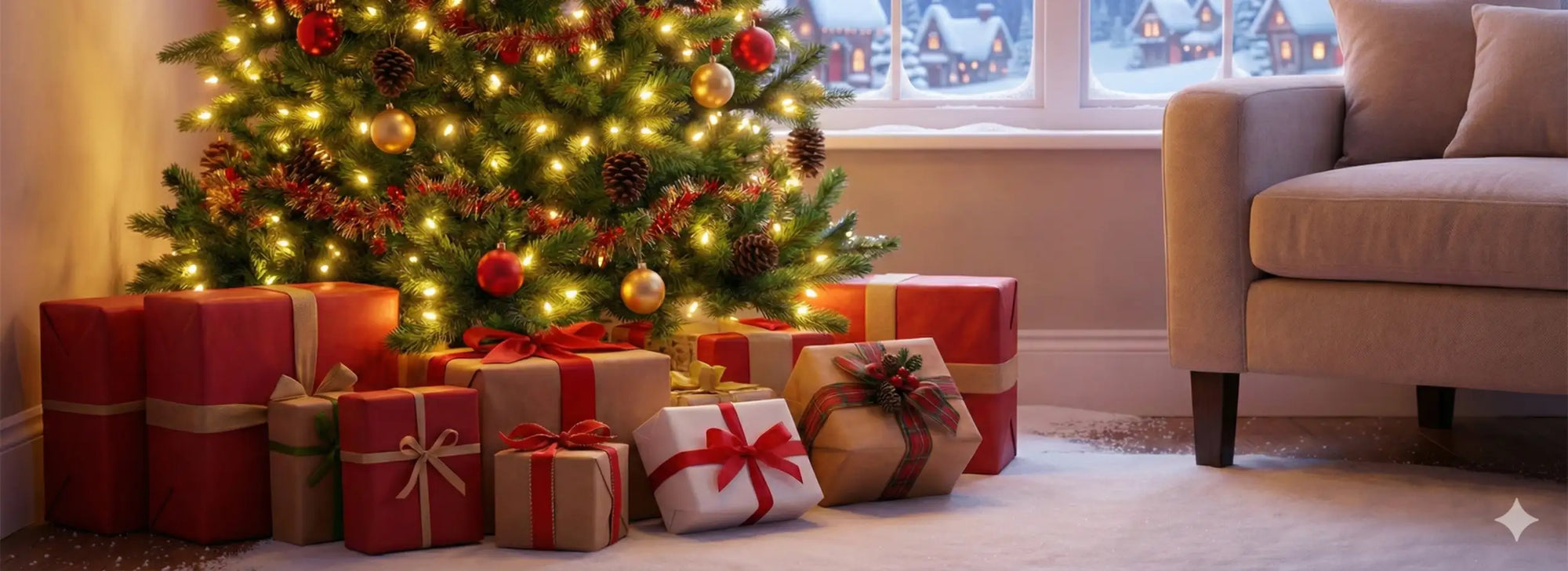 Празнична коледна елха, украсена с топли бели светлинки, червени и златни украси, шишарки и гирлянди.