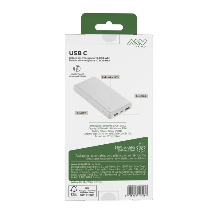 Преносима батерия Powerbank Myway Бял 10000 mAh