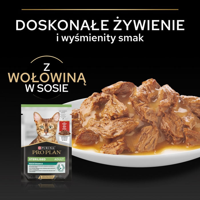 PURINA Pro Plan Sterilized Adult Maintenance Pieces with beef in sauce - мокра котешка храна - 26x85g (18 + 8 ГРАТИСНО)