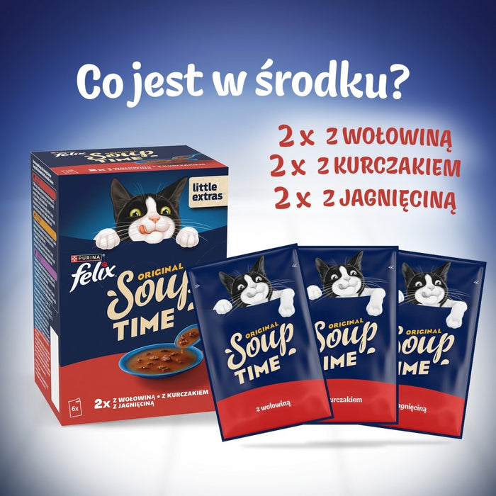 PURINA Felix Original Soup Time Box Говеждо, агнешко, пилешко - мокра храна за котки - 6x48 г