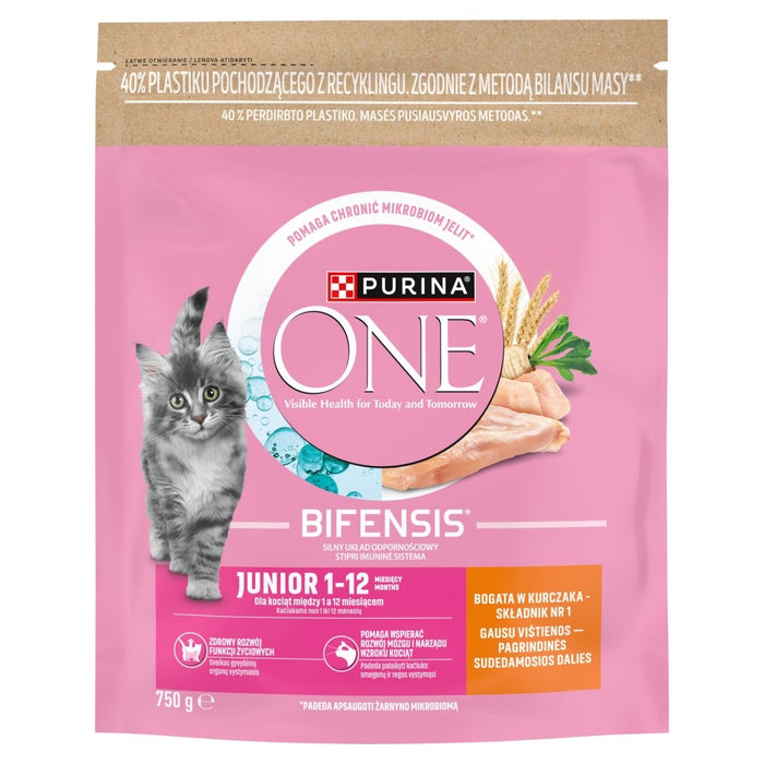 PURINA One Bifensis Junior, богата на пилешко месо - суха храна за котки - 750 г