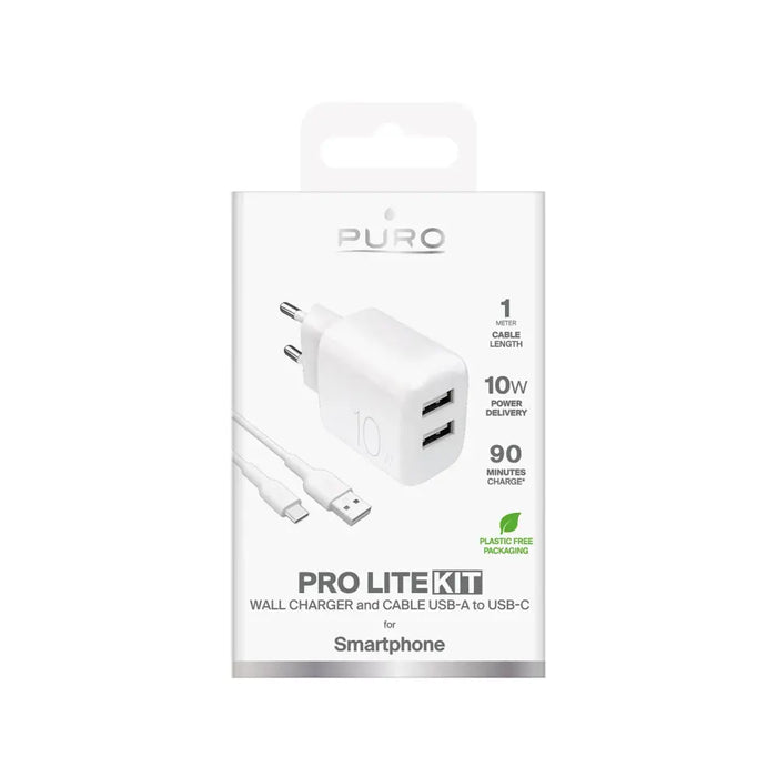 Puro PROLITE 10W 2x USB-A стенно зарядно + USB-A - USB-C