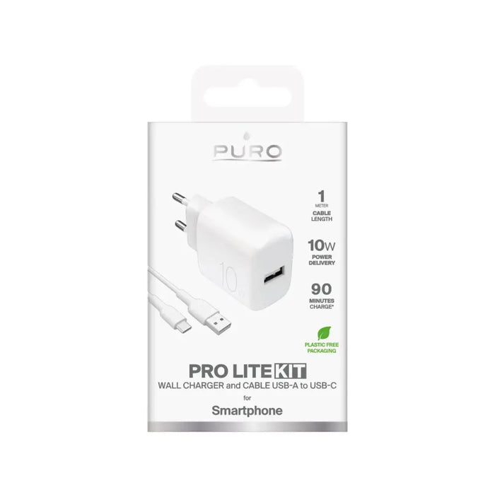Puro PROLITE 10W USB-A стенно зарядно + USB-A - USB-C кабел