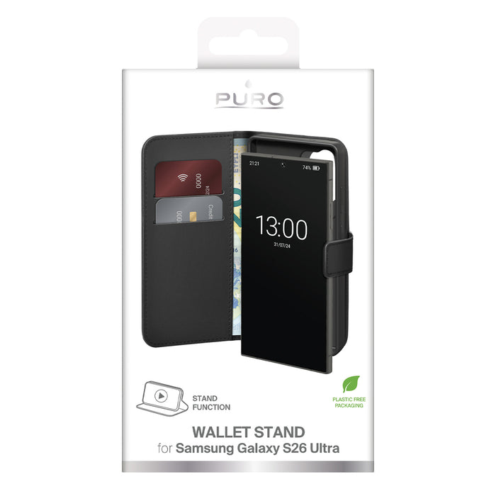 Калъф Puro от еко кожа за Samsung Galaxy S26 Ultra с портфейл - черен
