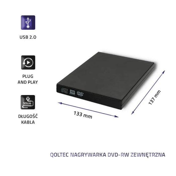 Qoltec 51858 Външен DVD-RW рекордер |USB 2.0|Черен