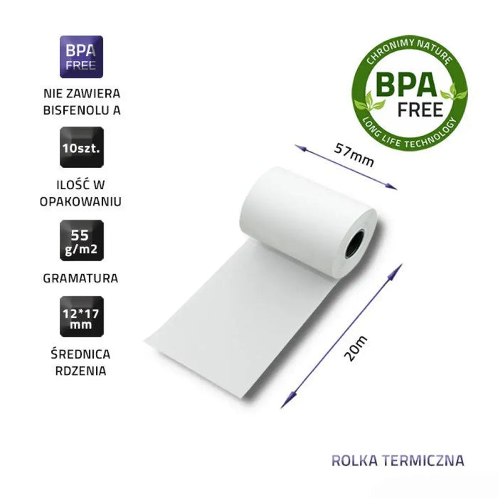 Qoltec 51896 Термична ролка 57 x 20 | 55g / m2 | 10 бр.
