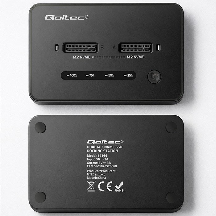 Докинг станция Qoltec 52366 M.2 NVMe SSD | PCIe | USB-C | 20 Gb/s | ДВОЙНА 2 x 8TB | Офлайн клониране