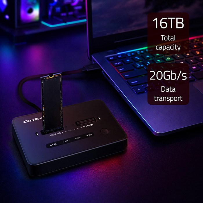 Докинг станция Qoltec 52366 M.2 NVMe SSD | PCIe | USB-C | 20 Gb/s | ДВОЙНА 2 x 8TB | Офлайн клониране