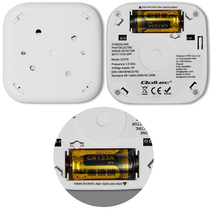 Qoltec 52579 Безжичен детектор за дим с батерия | Tuya | Wi-Fi | живот на сензора 10 години | аларма 85dB | LED