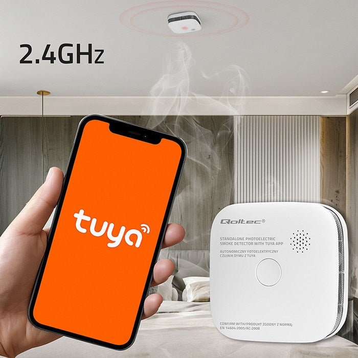 Qoltec 52579 Безжичен детектор за дим с батерия | Tuya | Wi-Fi | живот на сензора 10 години | аларма 85dB | LED