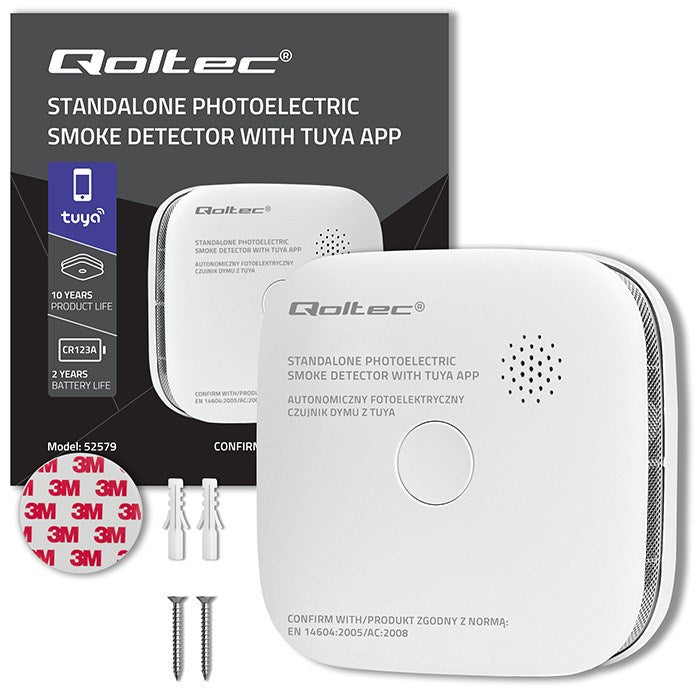 Qoltec 52579 Безжичен детектор за дим с батерия | Tuya | Wi-Fi | живот на сензора 10 години | аларма 85dB | LED