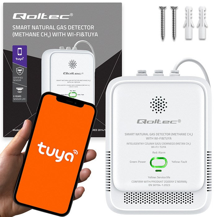 Qoltec 52651 Сензор за изтичане на природен газ | CH4 детектор | NG | Туя | Wi-Fi | 85dB аларма | LED