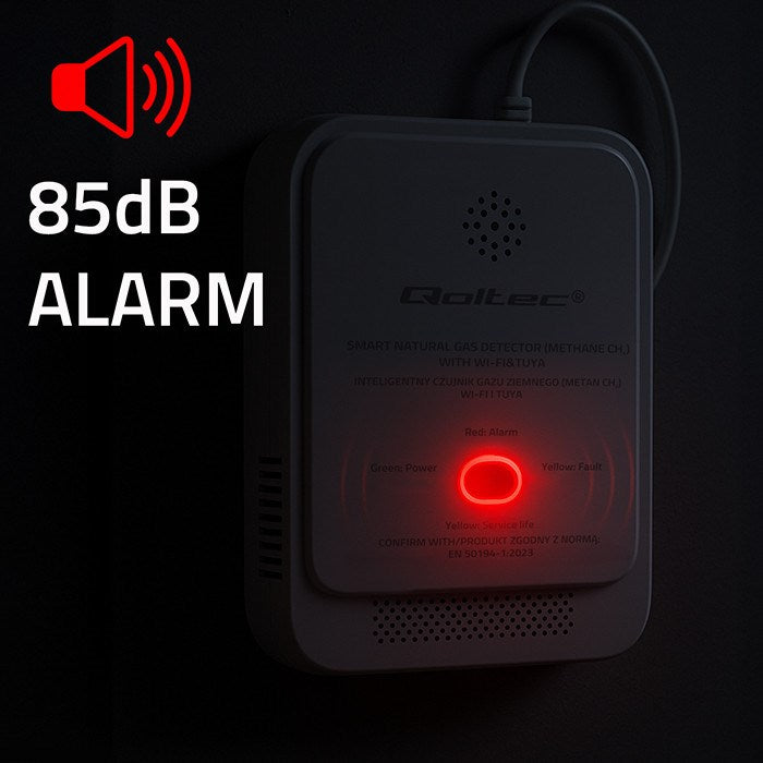 Qoltec 52651 Сензор за изтичане на природен газ | CH4 детектор | NG | Туя | Wi-Fi | 85dB аларма | LED