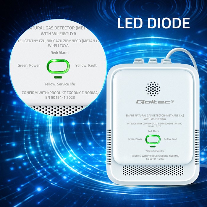Qoltec 52651 Сензор за изтичане на природен газ | CH4 детектор | NG | Туя | Wi-Fi | 85dB аларма | LED