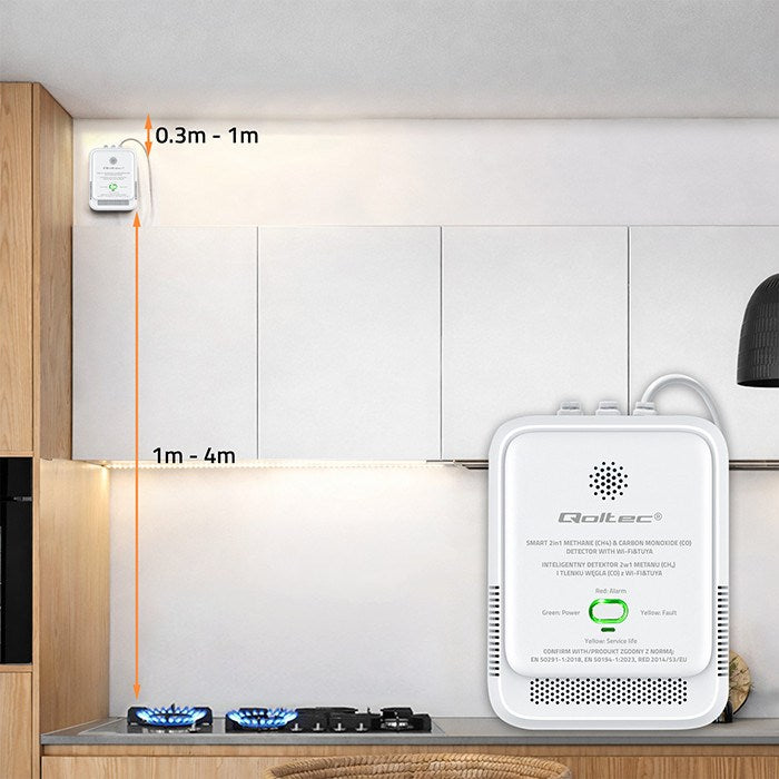 Qoltec 52654 2в1 детектор за течове на природен газ и въглероден оксид (CO) | CH4 | CO | NG | Tuya | Wi-Fi | аларма 85dB | LED