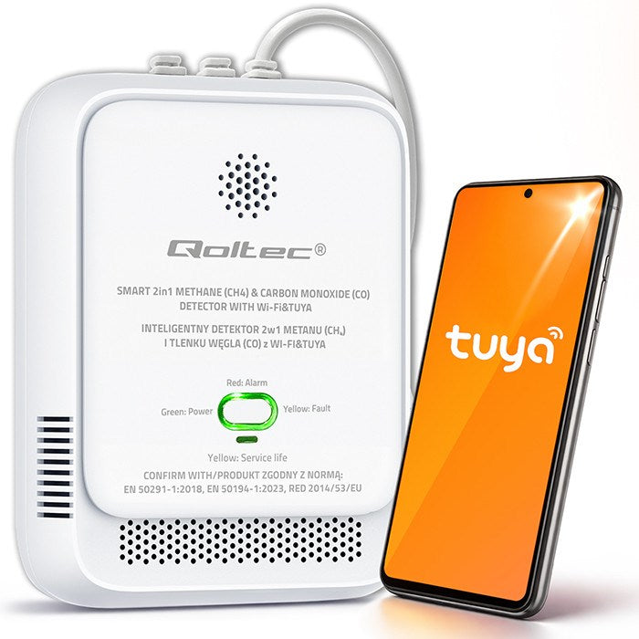 Qoltec 52654 2в1 детектор за течове на природен газ и въглероден оксид (CO) | CH4 | CO | NG | Tuya | Wi-Fi | аларма 85dB | LED