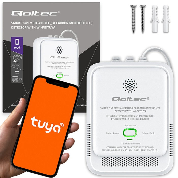 Qoltec 52654 2в1 детектор за течове на природен газ и въглероден оксид (CO) | CH4 | CO | NG | Tuya | Wi-Fi | аларма 85dB | LED