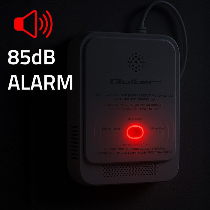 Qoltec 52654 2в1 детектор за течове на природен газ и въглероден оксид (CO) | CH4 | CO | NG | Tuya | Wi-Fi | аларма 85dB | LED