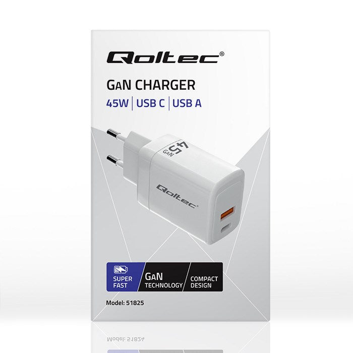 Зарядно устройство Qoltec 51825 GaN 45W | 5-20V | 1.5-3A | 1 x USB-C PD | 1x USB QC 3.0 | Бяло