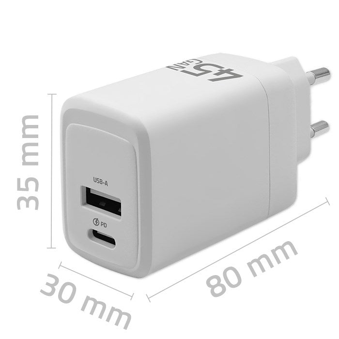 Зарядно устройство Qoltec 51825 GaN 45W | 5-20V | 1.5-3A | 1 x USB-C PD | 1x USB QC 3.0 | Бяло