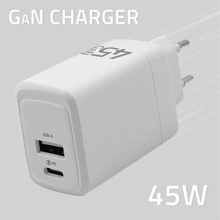 Зарядно устройство Qoltec 51825 GaN 45W | 5-20V | 1.5-3A | 1 x USB-C PD | 1x USB QC 3.0 | Бяло