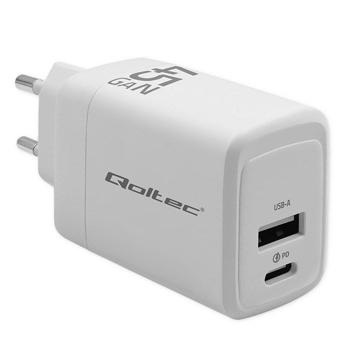 Зарядно устройство Qoltec 51825 GaN 45W | 5-20V | 1.5-3A | 1 x USB-C PD | 1x USB QC 3.0 | Бяло