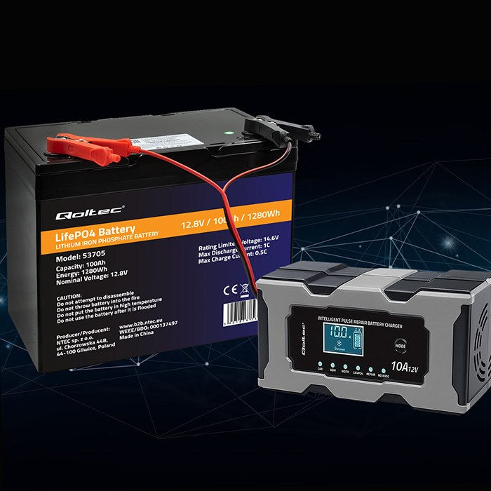 Зарядно устройство Qoltec 52493 12V 10A | Токоизправител с функция за ремонт за AGM GEL LiFePO4 батерии | LCD