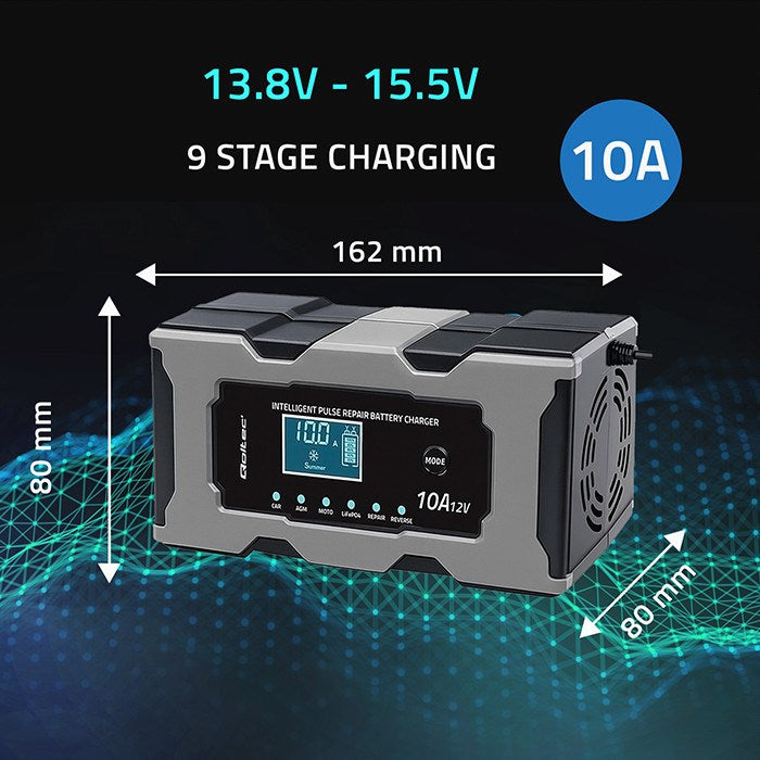 Зарядно устройство Qoltec 52493 12V 10A | Токоизправител с функция за ремонт за AGM GEL LiFePO4 батерии | LCD