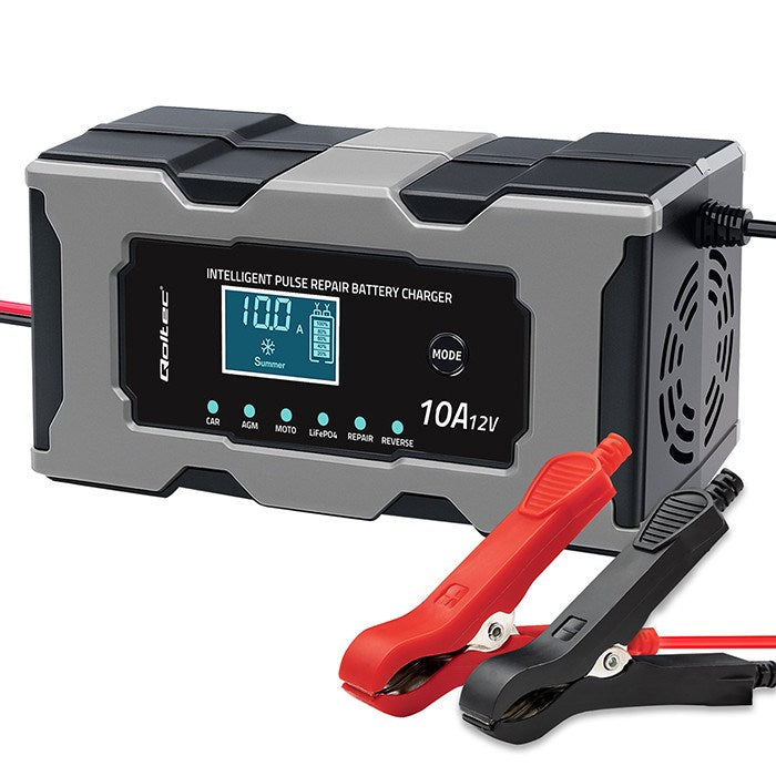 Зарядно устройство Qoltec 52493 12V 10A | Токоизправител с функция за ремонт за AGM GEL LiFePO4 батерии | LCD