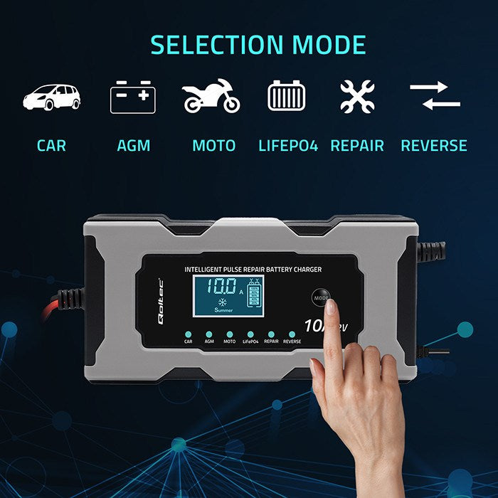 Зарядно устройство Qoltec 52493 12V 10A | Токоизправител с функция за ремонт за AGM GEL LiFePO4 батерии | LCD