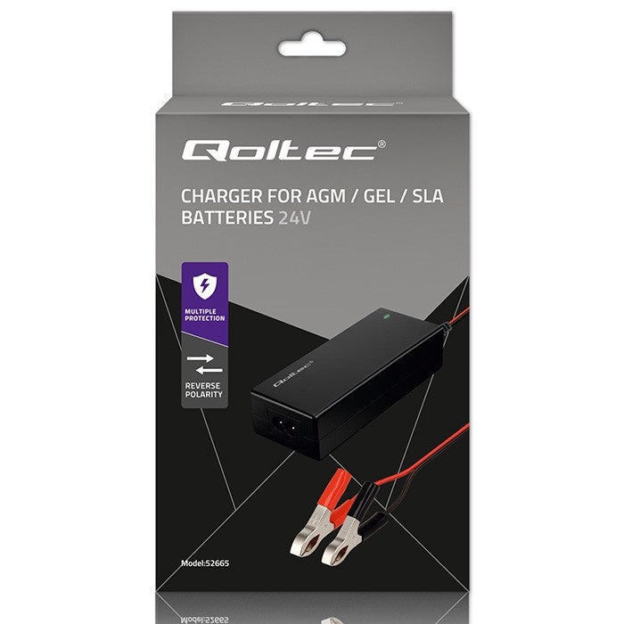 Qoltec 52665 Автоматично зарядно устройство за AGM GEL STD батерии | 24V зарядно | 2A | 48W | LED | 1.8 м кабел