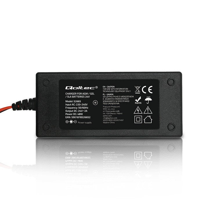 Qoltec 52665 Автоматично зарядно устройство за AGM GEL STD батерии | 24V зарядно | 2A | 48W | LED | 1.8 м кабел