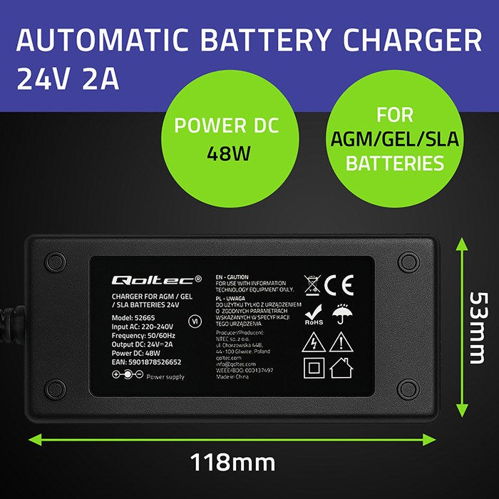 Qoltec 52665 Автоматично зарядно устройство за AGM GEL STD батерии | 24V зарядно | 2A | 48W | LED | 1.8 м кабел