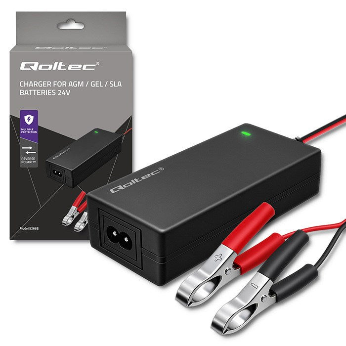 Qoltec 52665 Автоматично зарядно устройство за AGM GEL STD батерии | 24V зарядно | 2A | 48W | LED | 1.8 м кабел