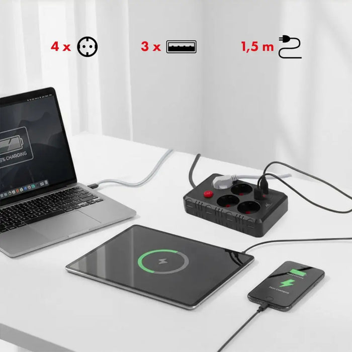 Разклонител Maclean удължител с 4 гнезда + 3xUSB 110-240V