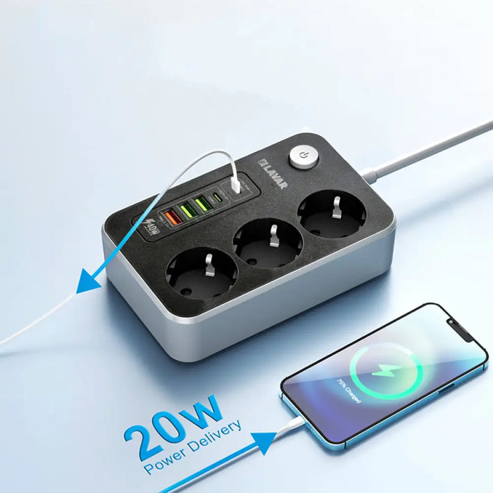 РАЗКЛОНИТЕЛ 3 ГНЕЗДА С 3 USB-A И 2 USB-C ЧЕРЕН LAVAR GU320