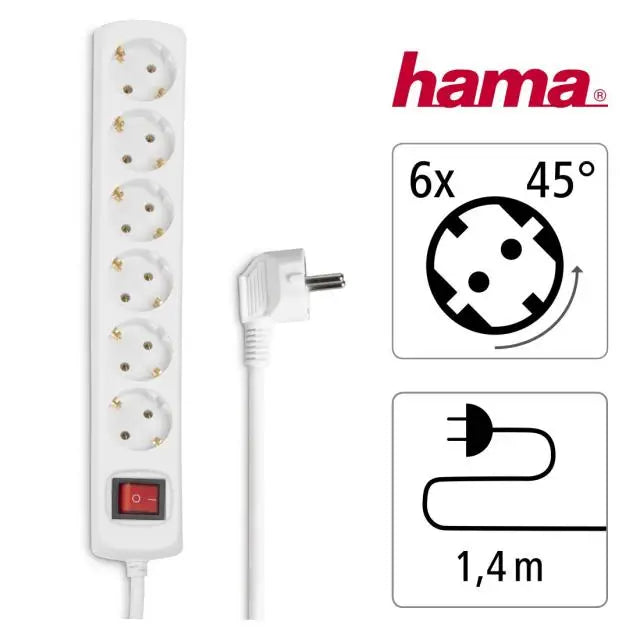 Разклонител HAMA 30384,6гнезда 1.4м,бял с бутон вкл/изкл
