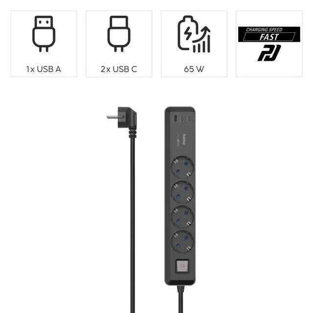 Разклонител Hama 4-гнезда USB-C/A 65 W PD