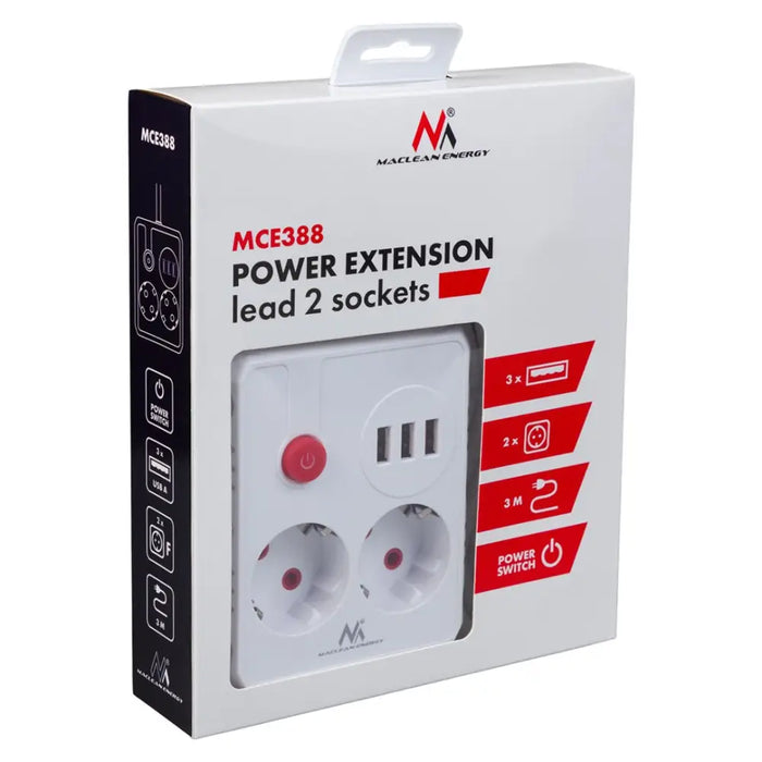 Разклонител Maclean удължител 2 гнезда + 3xUSB 110-240V AC