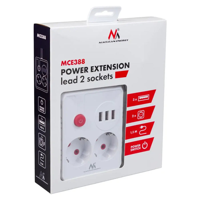Разклонител Maclean удължител 2 гнезда + 3xUSB 110-240V AC