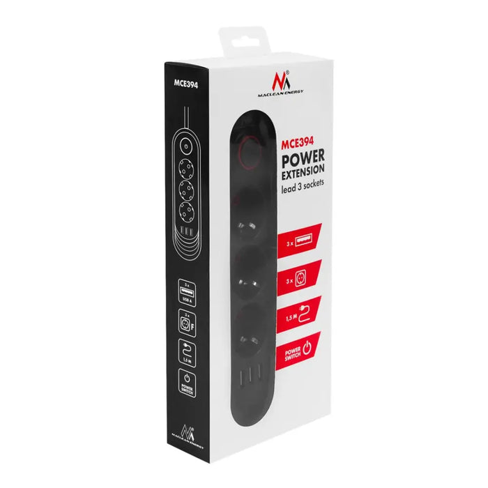 Разклонител Maclean удължител с 3 гнезда + 3xUSB 110-240V